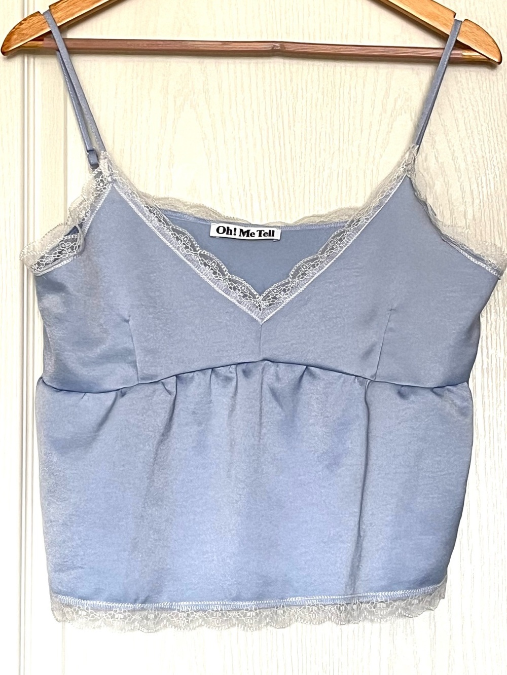 Oh! Me Tell Blue Satin Lace Trim Babydoll Camisole Top Size M Fairycore Coquette